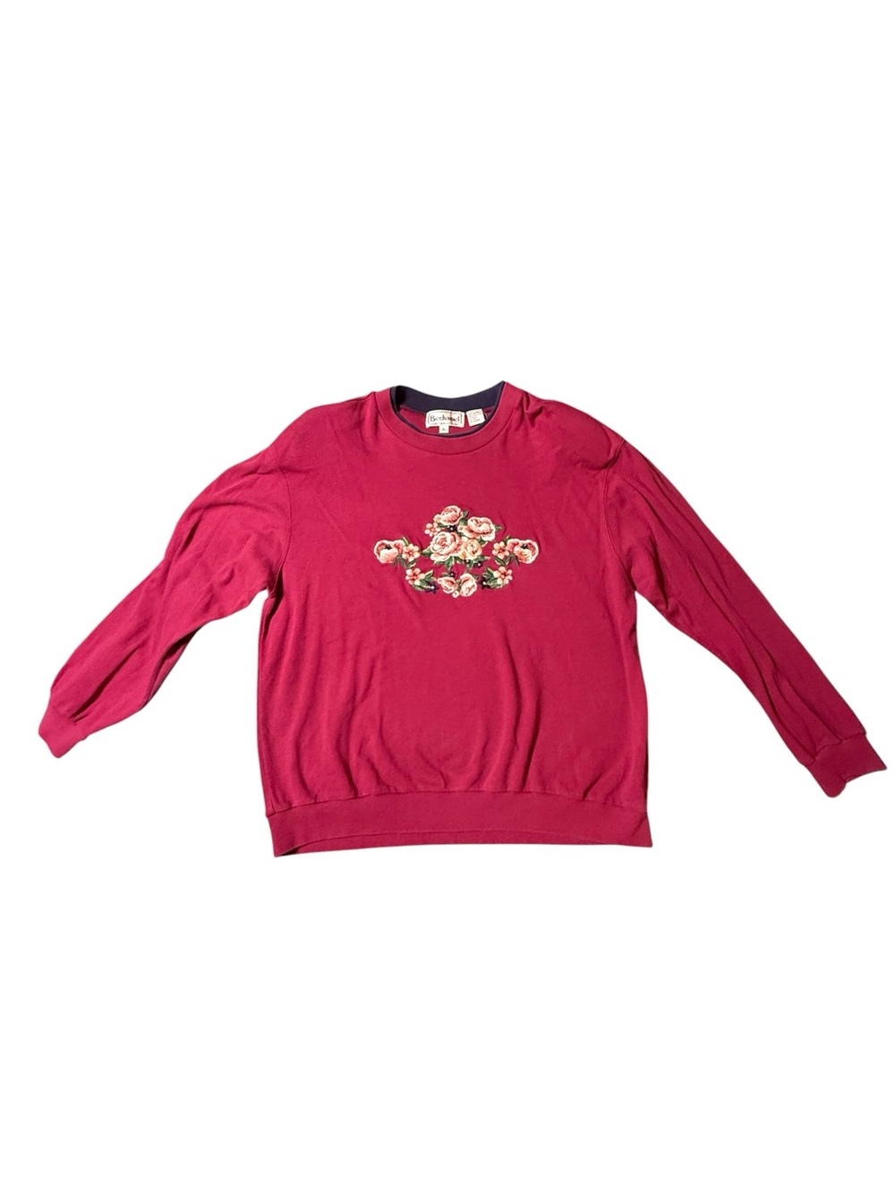 Vtg Bechamel Floral Embroidered Sweatshirt XL Pink Red 80s 90s Shoulder Pads